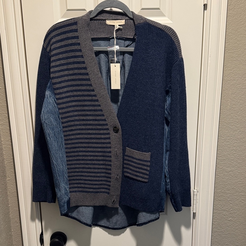 Gilded Intent Blue and Gray Striped Cardigan